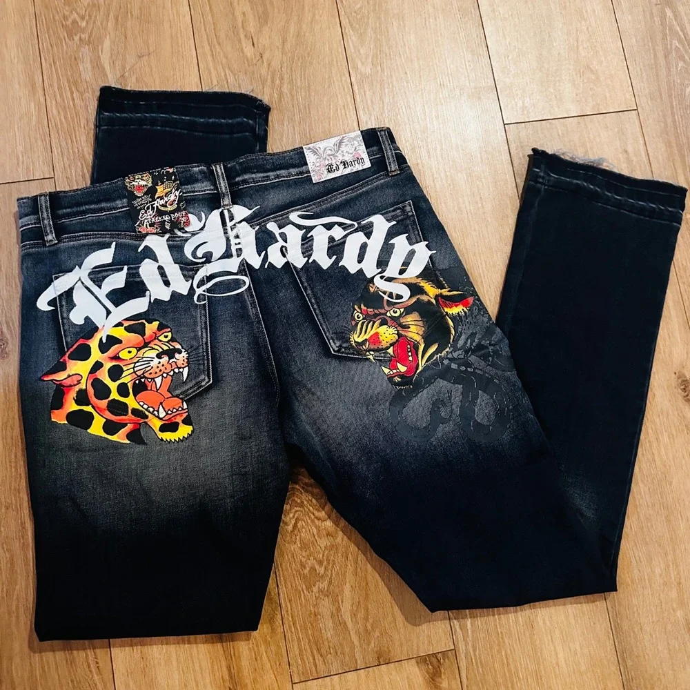 Ed Hardy Mens Stacked Boot Jeans Med Blast Graphic Tattoo Denim 36 MEHD8303-5